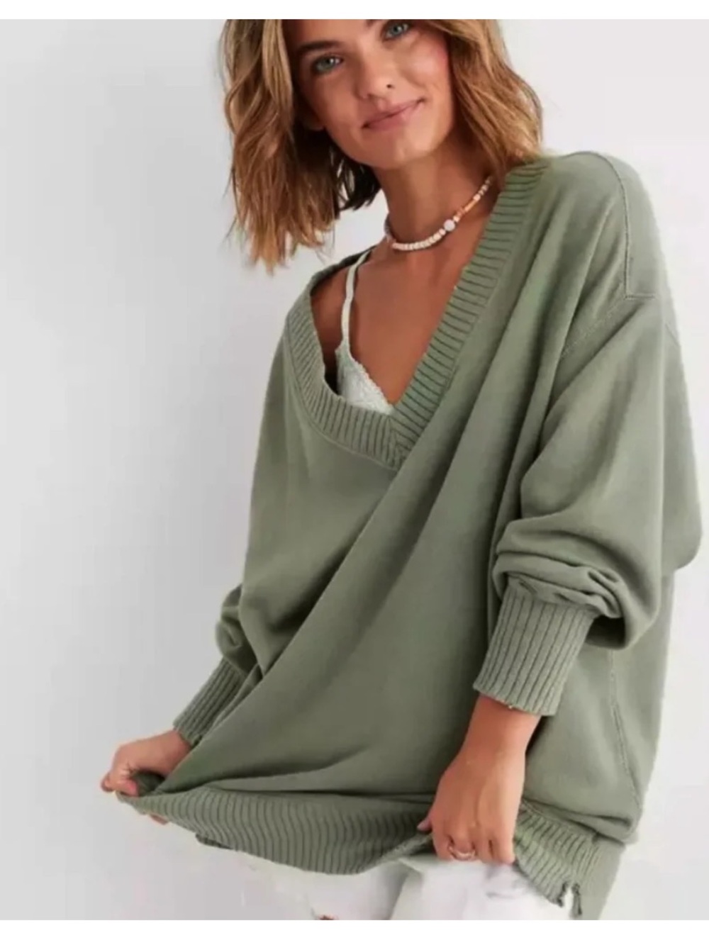 aerie Oversized V-Neck Sweater in Sage XXL